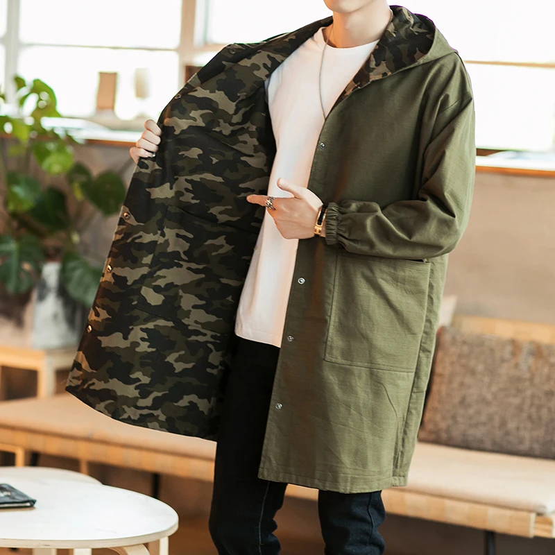 

MIXCUBIC 2018 Long section unique both sides Wearable camouflage hooded jackets men casual loose army green Windbrefor men M-5XL
