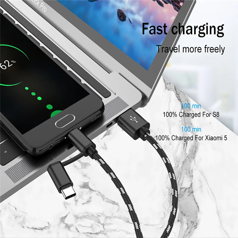 2 في 1 سريع كبل شحن ل Xiaomi هواوي سامسونج S9 نوكيا سوني Oukitel الهاتف المحمول 1 m USB نوع C المصغّر usb شحن الكابلات