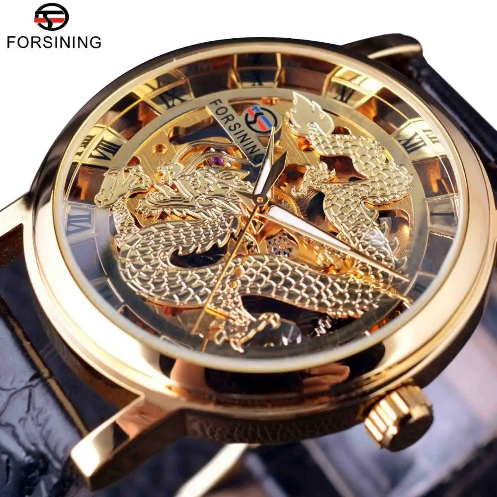 Forsining китайский дракон Скелет дизайн прозрачный чехол золотые часы мужские часы лучший бренд класса люкс Механические Мужские наручные часы - Цвет: Golden