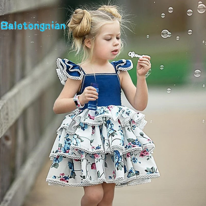 

2019 Newest Girl Dress Summer Pageant Backless Formal Party Wedding Princess Dress Layered Sundress Flower Baby Girl Clothes T50