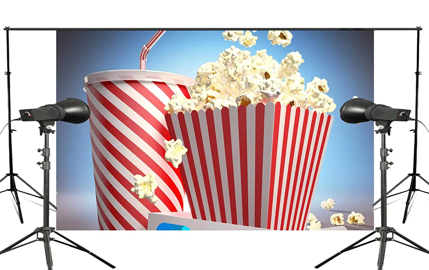 

Exquisite Blue Background Flying over Popcorn with a Cup of Drink Cartoon Studio Photography Background 150x220cm