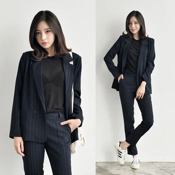 

Spring Autumn Woman Suits Lady Suit Office Turn-down Collar Single Button Tops Ankle-length Pants Striped Women Sets Clothes