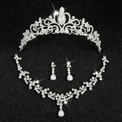 Hot Sale Sliver Plated Rhinestone Crystal Necklace+Earrings+Tiara 3pcs Jewelry Set For Bride Bridal Wedding Accessories (1)