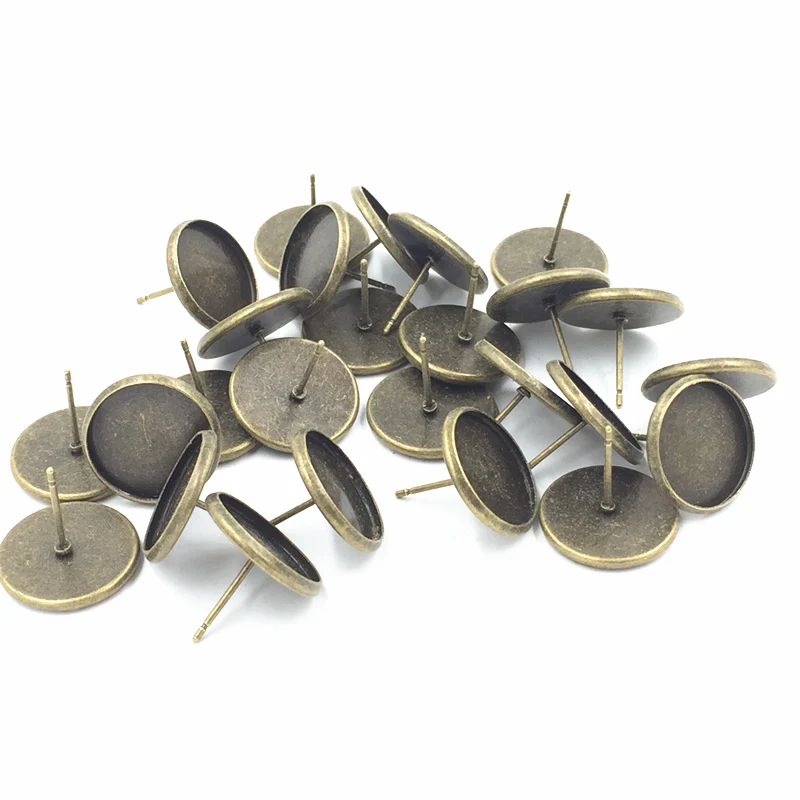 

10Pcs Earring Post Stopper Setting Bronze Tone Round Fit 14mm Cabochon Jewelry DIY 16mm