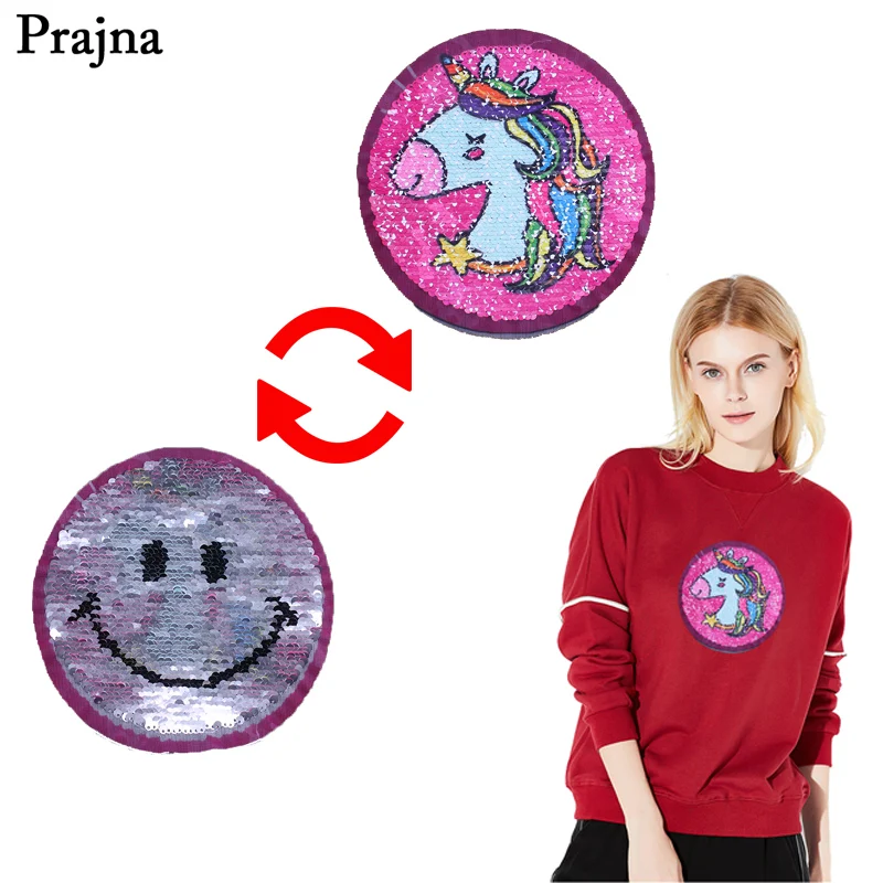 

Prajna Hippie Unicorn Patches Rainbow Magic Reversible Sequins Patch Smile Face Cute Baby Appliques For Garment DIY Clothing Bag