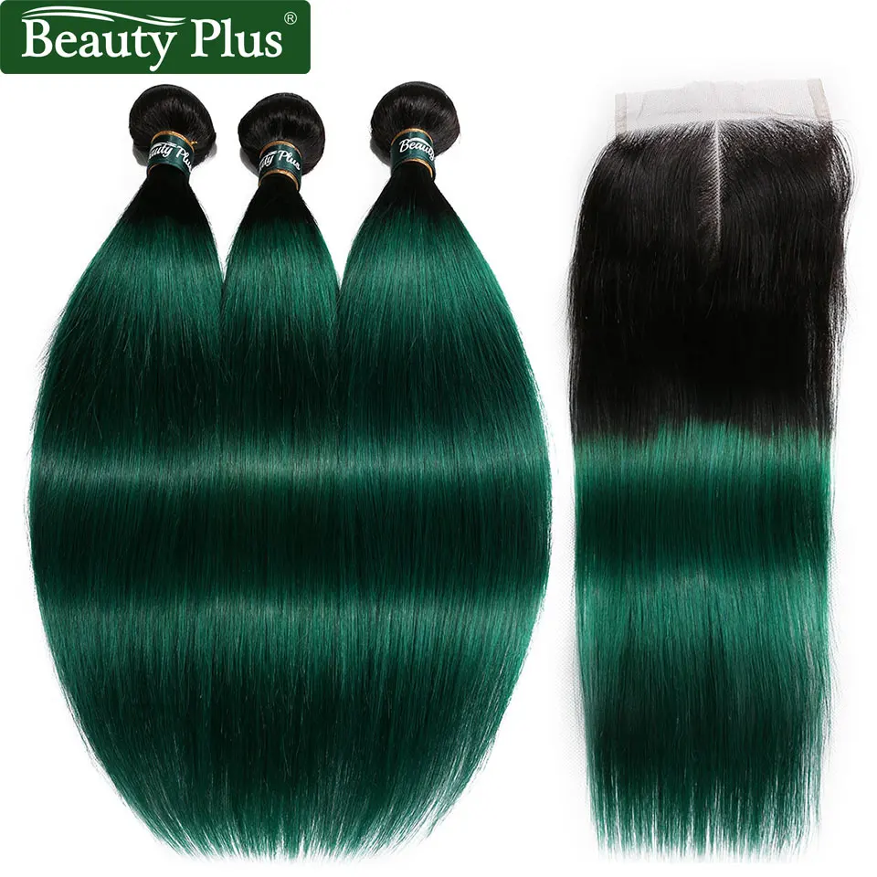 Brazilian Hair Weave Bundles With Closure Ombre 1B Green Straight
