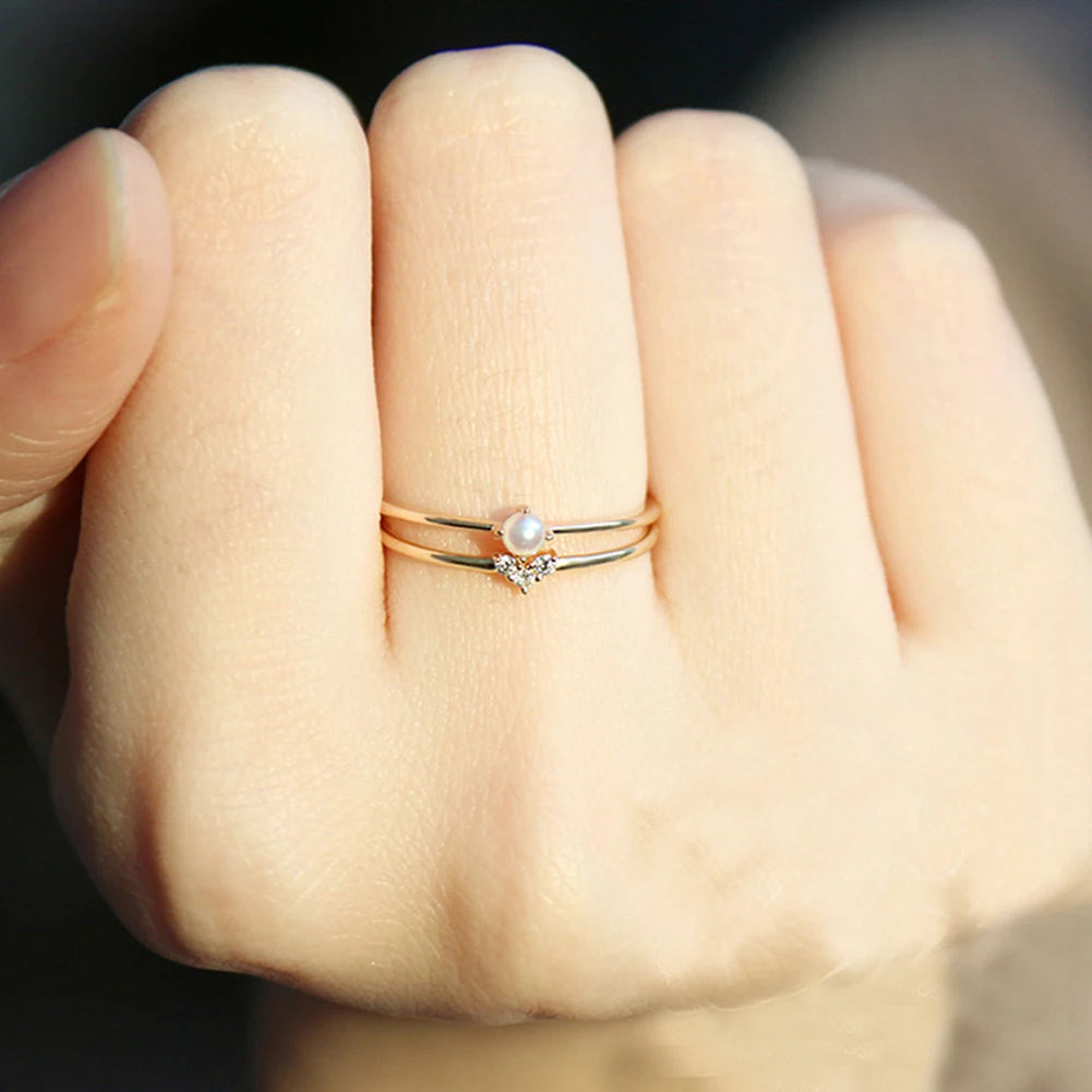 

New Female Simple Heart Crystal Rings Chic Delicate Gold Wedding Engagement Thin Rings For Women Rhinestone Heart Pearls Jewelry