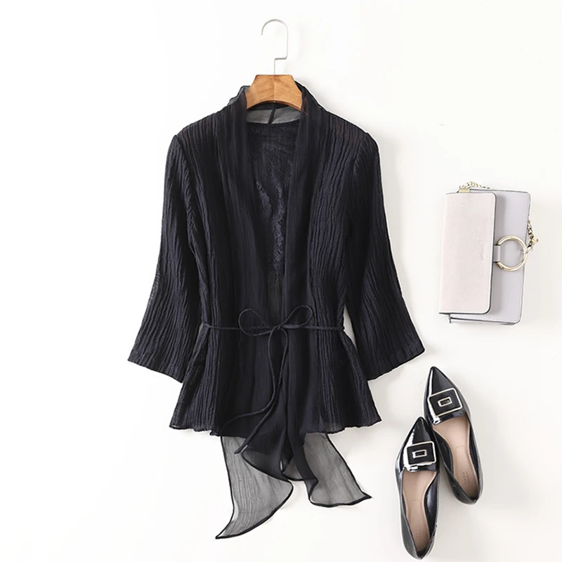 

Cardigan Women Silk Patchwork Linen Lightweight Fabric Three-quarter Sleeves Sashes Short Coat Fashion Style New Fashion 2019