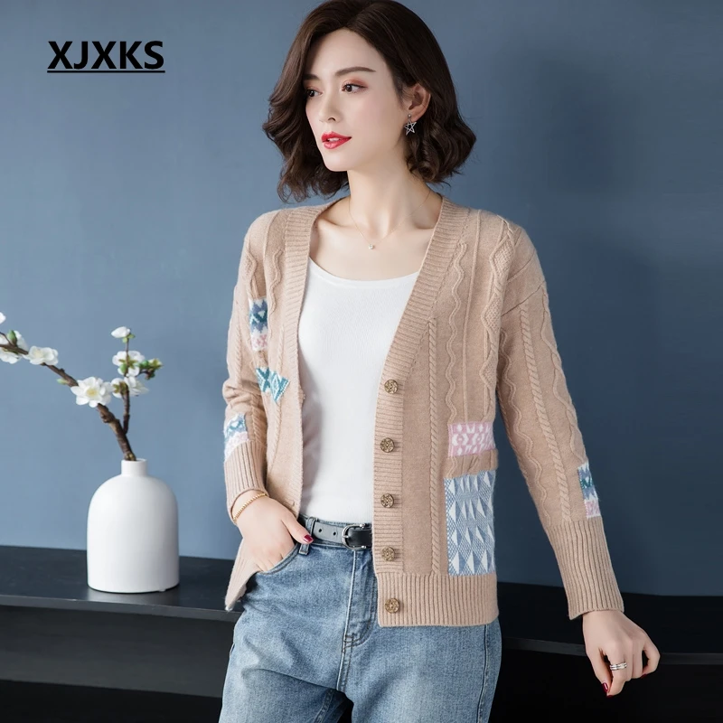 

XJXKS Autumn 2019 Women Cardigan Casual Single-breasted Wool Cardigans Long Sleeve V-neck Knitted Women Sweater Coat