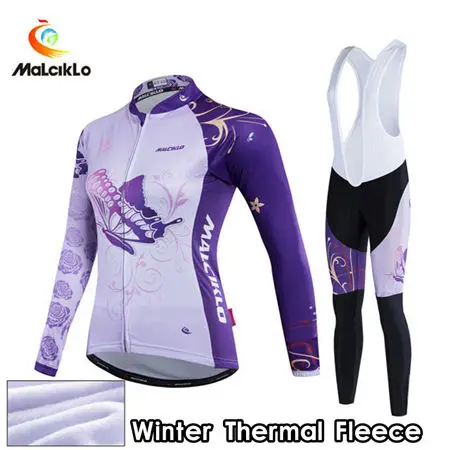 Malciklo красивая зимняя теплая флисовая велосипедная Джерси/горная велосипедная форма/комплекты с длинными рукавами женская одежда для велоспорта - Цвет: Jersey and BIB Pants