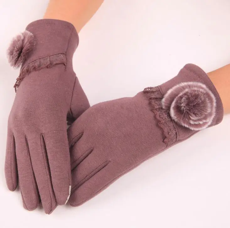 Модные элегантные женские перчатки из кроличьей шерсти с сенсорным экраном, зимние женские теплые кашемировые перчатки с бантом и кружевами 022 - Цвет: Bean color
