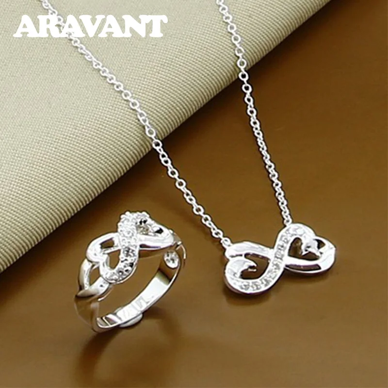 

925 Silver Jewelry Sets Double Heart With Zircon Pendants Necklaces Rings For Women Luxury Jewelry