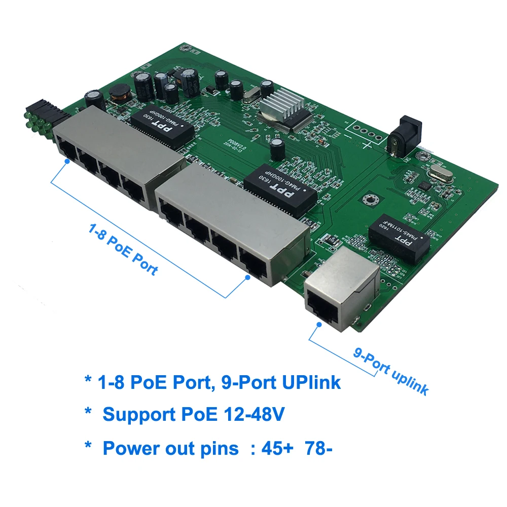 PCBA 보드 패시브 POE 스위치, 9 포트, 24V, 100M, 8 포트 POE