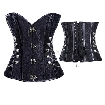 

2017 Hot Sale Woman Sexy Steampunk Overbust Bustier with Chain and Stud Detail Corset S-2XL