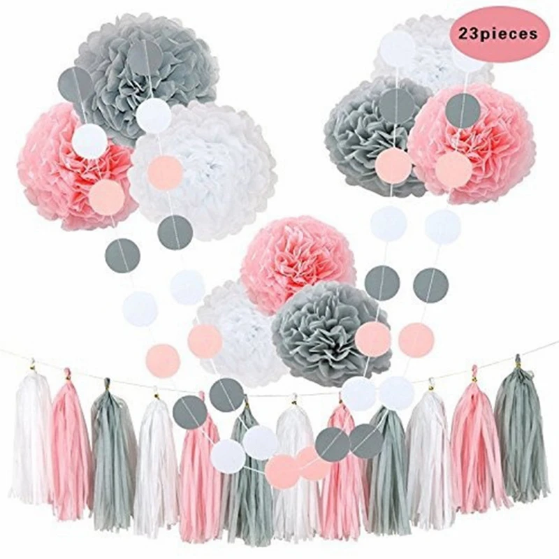 Chaud 23 Pieces Rose Gris Papier Fleur Boule Ensemble Gland Papier Chaine Joyeux Anniversaire Fete Mariage Chambre Decorations Pour La Maison Bebe Douche Aliexpress