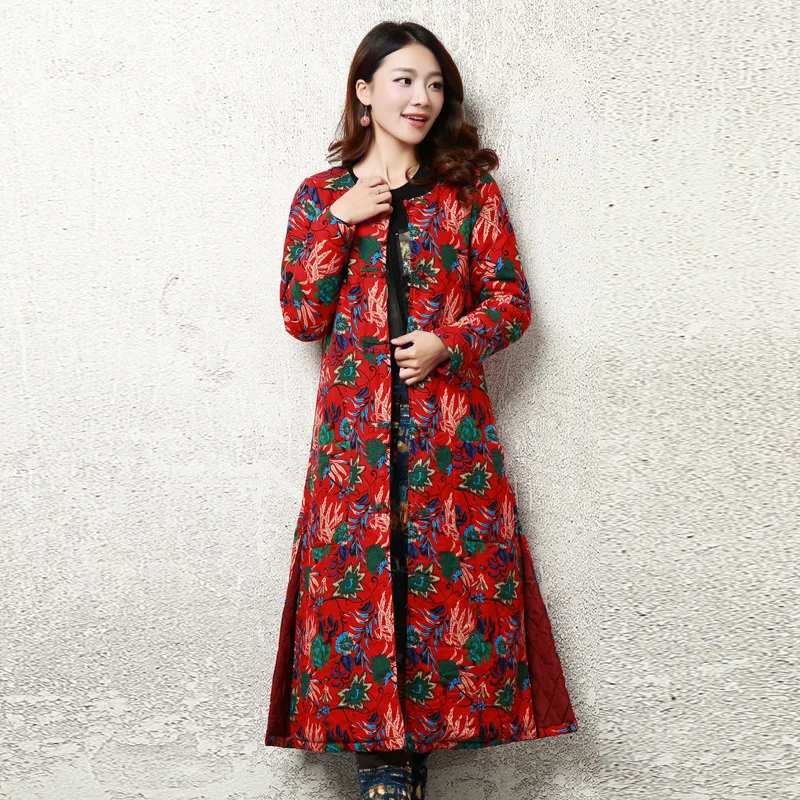 2016 Autumn Chinese Style Floral Print Cotton Padded Linen Loose Long Sleeve Maxi Robe Winter Coat