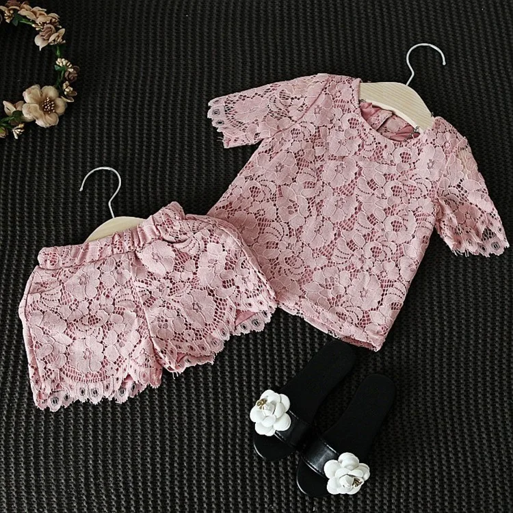 Laço de Manga Camisa e Shorts de Duas Superior + Shorts Verão Novas Meninas Rosa Curta Peças Terno Moda Menina Camisa Ternos