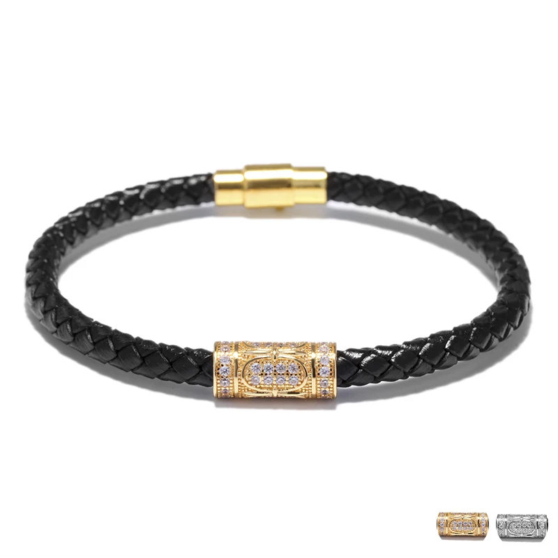 Single Flower Crystal Cylinder Rivet Leather Bracelets Men Jewelry