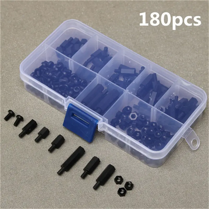 

MTGATHER 180Pcs/Set M3 Nylon M-F Hex Spacers Screw Nut Assortment Kit Stand Off Set Box M3 Nylon Black Hex Screw New Arrival