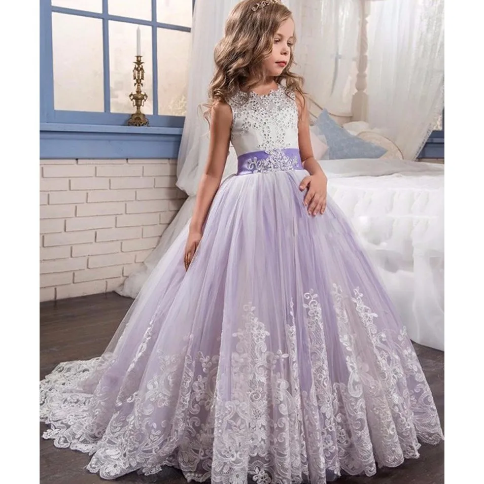 Princess Lilac Ball Gown Lace Flower Girls Dresses For Wedding Party