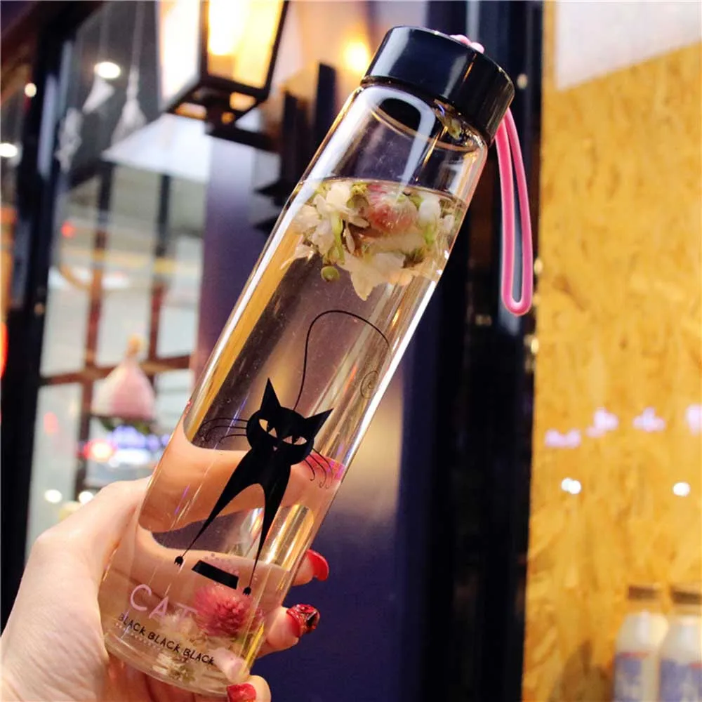 

350ml 500ml Portable Slender Glass Water Bottle with Anti-scalding Sleeve Student Summer Lovely Cat Tea Juice Milk Drink Bottle