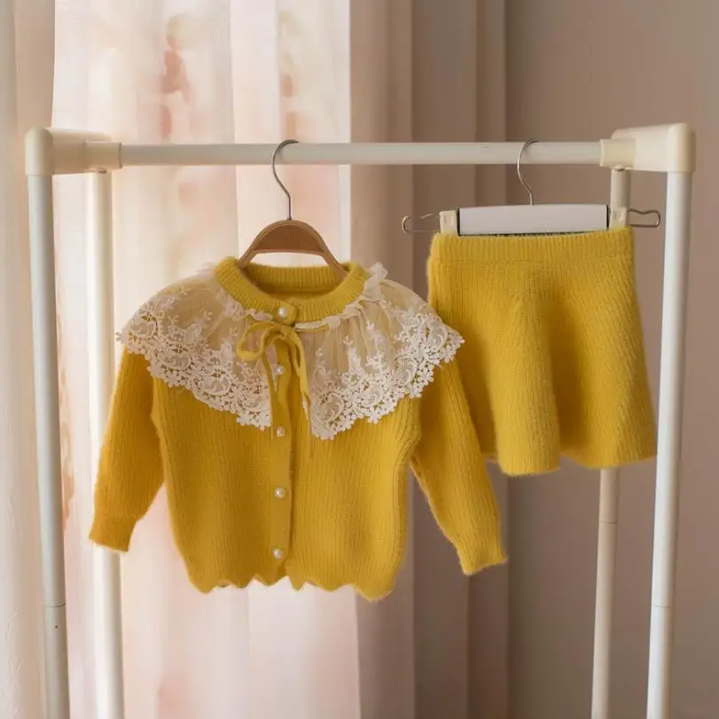 Комплект одежды для маленьких девочек; шерстяной свитер с кружевом; костюм для девочек; сезон осень-весна; детская одежда из 2 предметов детская одежда; рубашка и юбка; верхняя одежда - Цвет: yellow