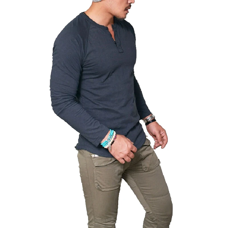2017 Fashion Men Slim Fit Henry Neck Long Sleeve Muscle Tee T-shirt Casual Tops | Мужская одежда