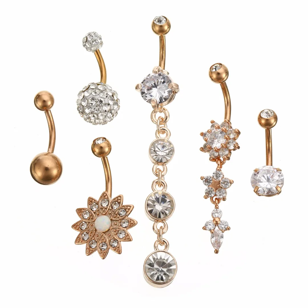 

6pcs Charm Navel Ring Shellhard Stainless Steel Piercing Belly Button Rings Rhinestone Crystal Navel Piercing Sexy Body Jewelry