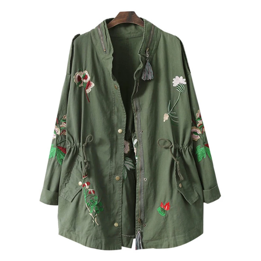 

Nice Spring Embroidery Women Windbreaker With Drawstring Army Green Casual Loose Jacket Coat Fashion Windbreakers Casaca Mujer