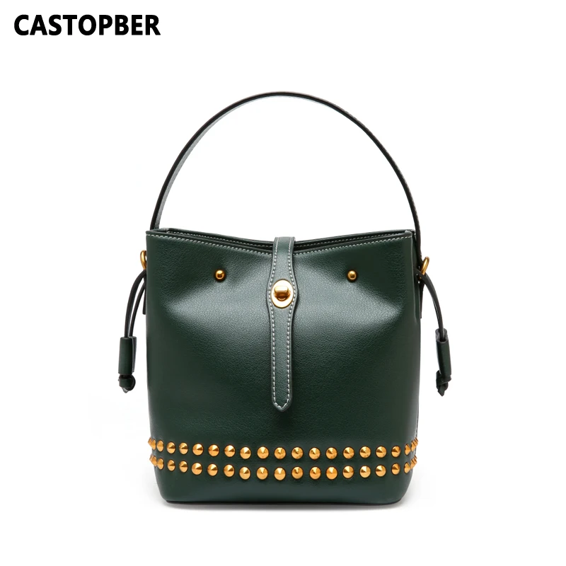 New Soft Leather Bag for Women Bucket Bag Fashion Rivet Tote Bags Split