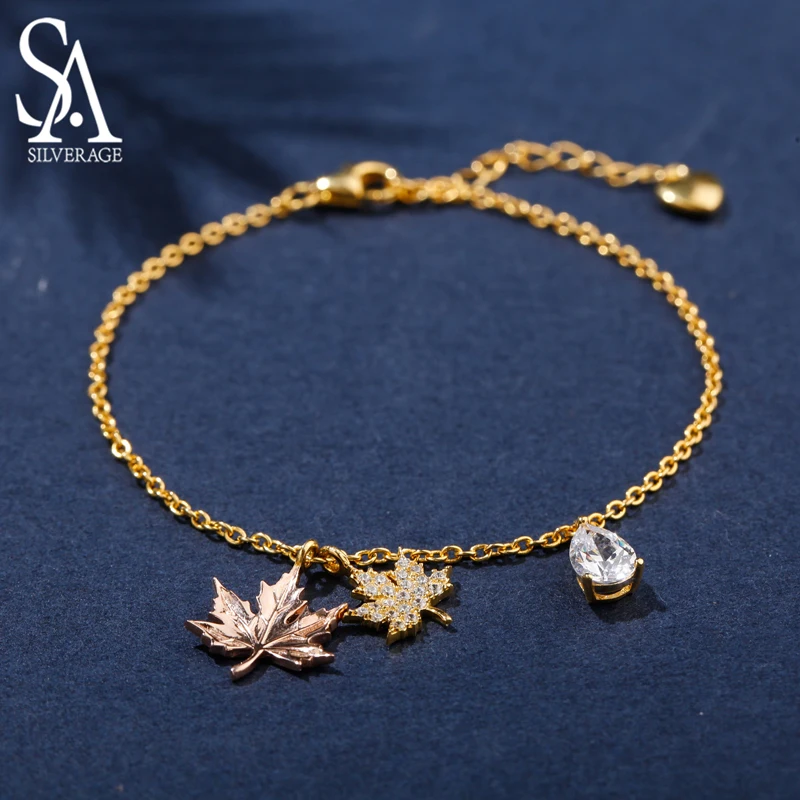 

SA SILVERAGE 925 Sterling Silver Bracelets Bangles for Women Yellow Gold Color Maple Leaf Silver 925 Jewelry Gold Bracelets 2019