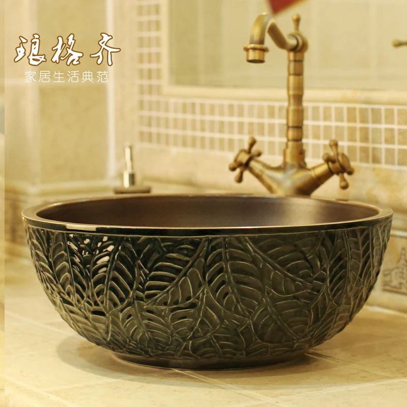 LOTS OF COLOURS Jingdezhen HAND CARVED leaf ceramic wash basin for bathroom LOTS OF COLOURS Jingdezhen HAND CARVED leaf ceramic wash basin for bathroom