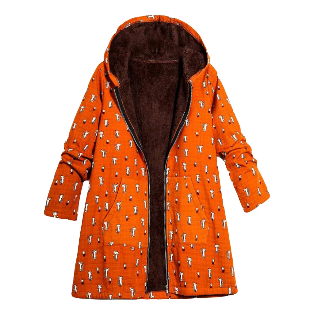 

Womens Winter Warm Outwear Cat Print Hooded Pockets Vintage Oversize Long Coats Casual Hoodies Jacket Overcoat pocket female