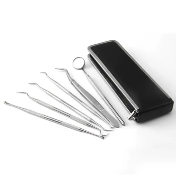 

6Pcs/Set New Stainless Steel Hygiene Explorer Probe Hook Pick Scaler Mirror Tweezer Teeth Clean Kit With Case Dental Tools