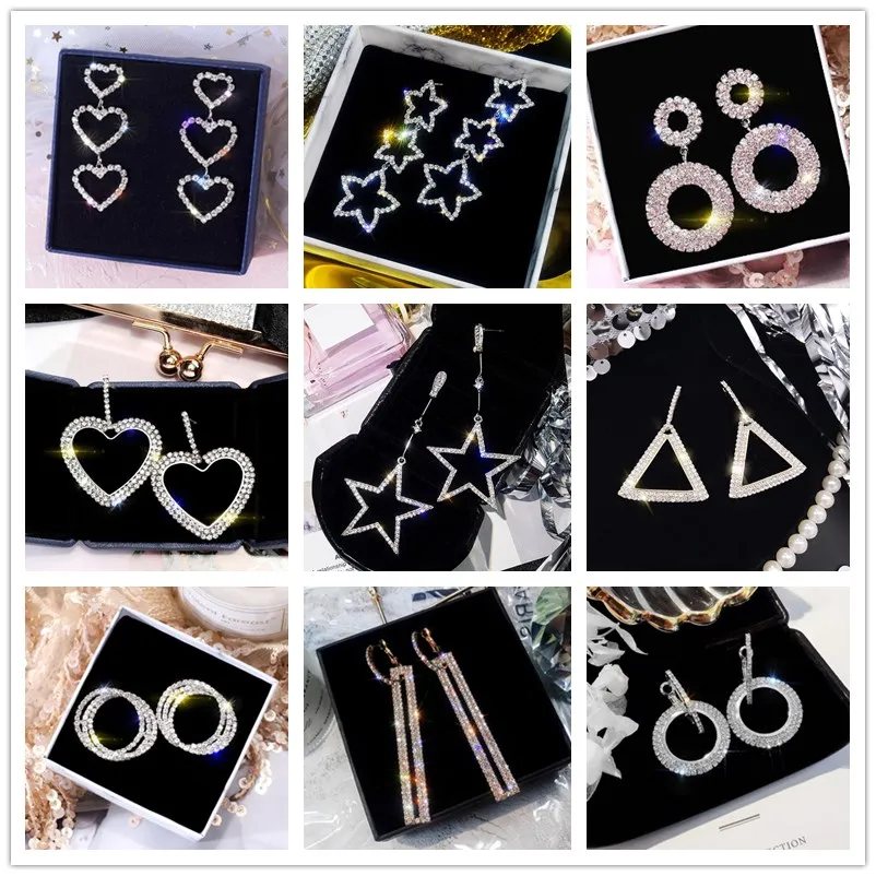 

Fashion Long Geometric Drop Earring Luxury Gold Silver Color Heart Round Rhinestone Earring for Women Party Wedding Jewelry Gift