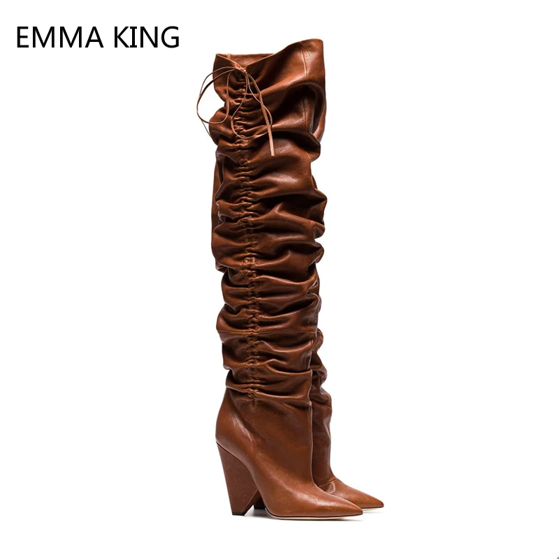

Women Leather Thigh High Boots Fashion Stretch High Heels Shoes Woman Pleated Strange Heel Over the Knee Long Boots