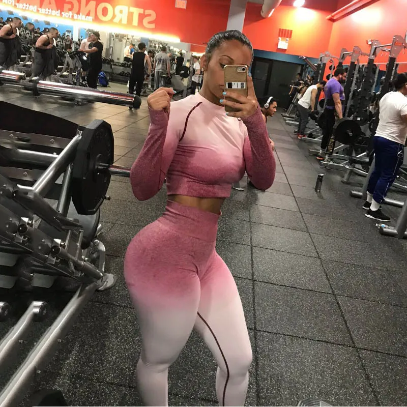 

NORMOV Casual Women Sets Fitness O Neck Full Sleeve Short Tops And High Waist Elastic Push Up Gradient Leggin Cotton Sets