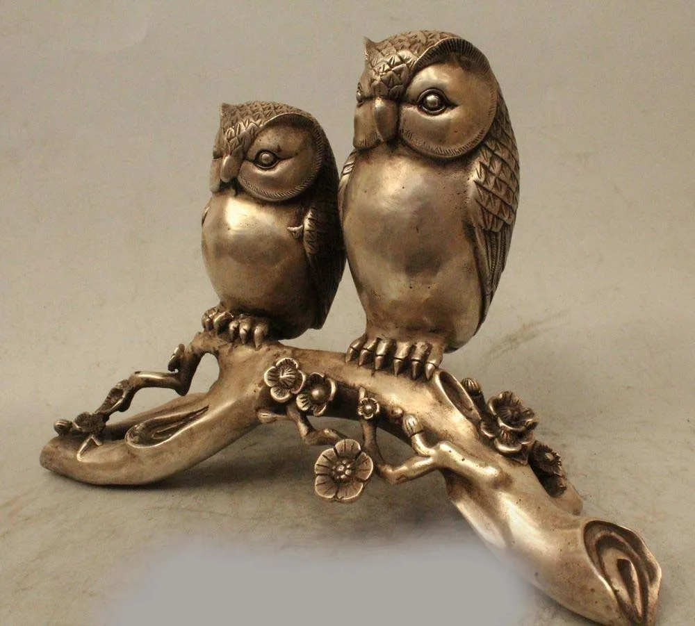 10 &quotНародная китайская Серебряная скульптура резная 2 Love Bird Scout Minerva статуя