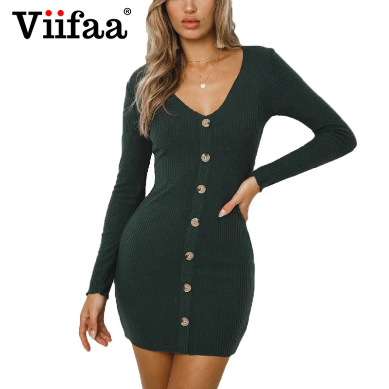Viifaa Bodycon T Shirt Dress Long Sleeve Women V Neck Green Dresses