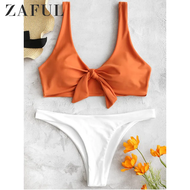  ZAFUL Brand Orange And WhiteTank Sportswear Bikini Sets 2019 Women Cute Drawstring Low Waist Solid 