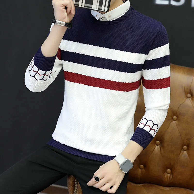 Buy 2017 winter men's long sleeved sweater, young men's slim stripe sweater