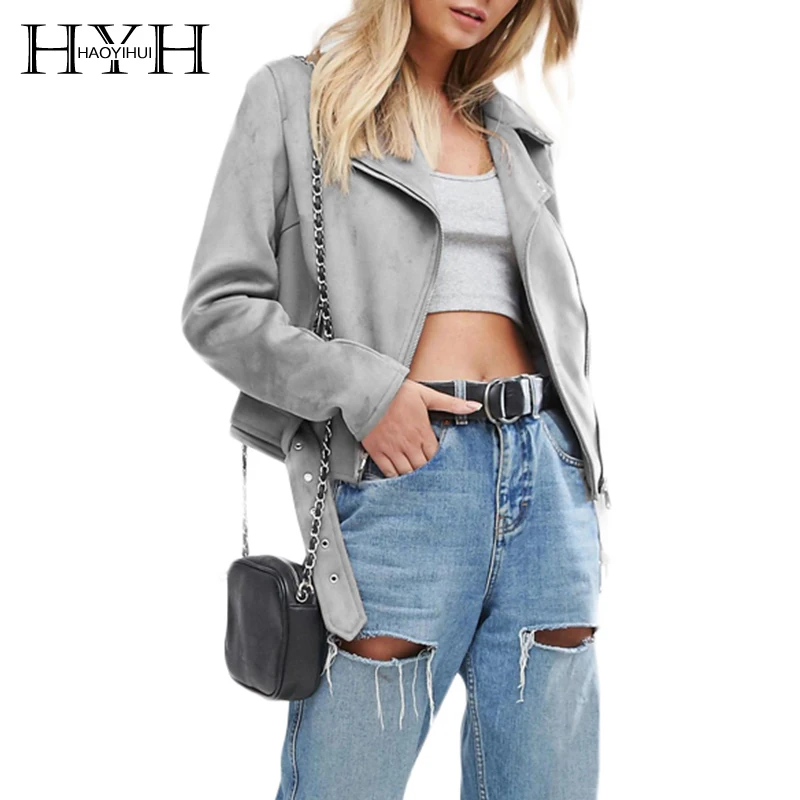 

HYH HAOYIHUI Women Solid Suede Turn-down Collar Asymmetrical Zippers Long Sleeve Short Coat Casual Auttum Lady Biker Jacket
