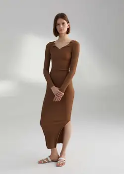 

Side slit V neck threaded long sleeved dress slim beautiful body curve for women