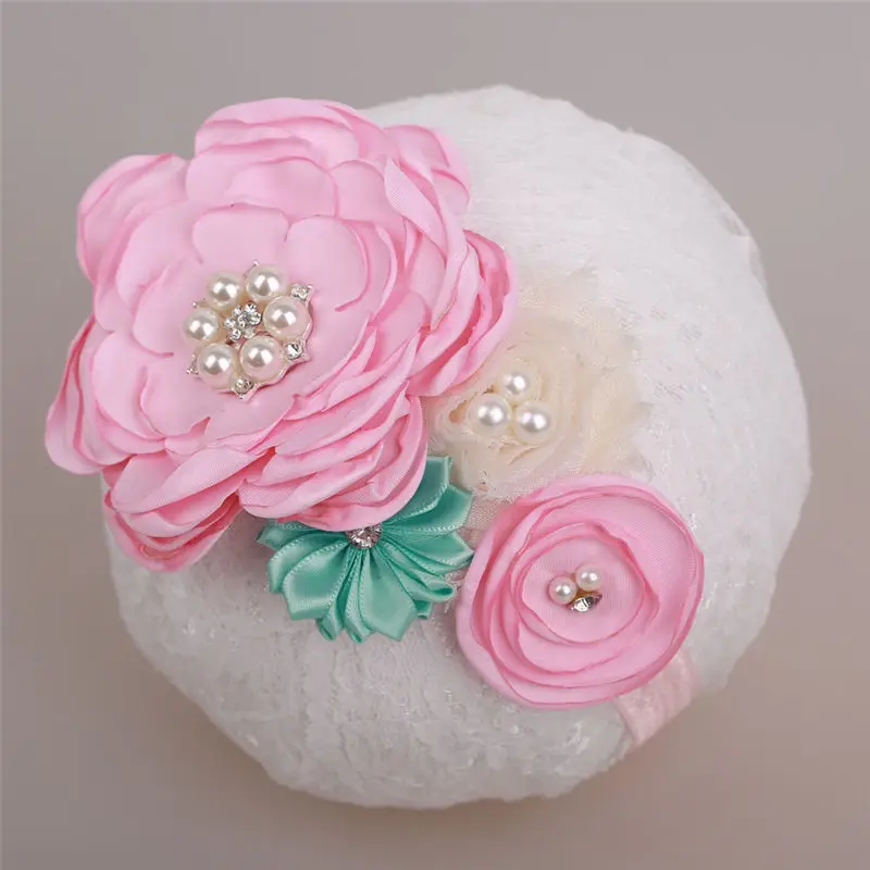 

Handmade Baby Headbands Shabby Flower Pearls Girls Headwrap Newborn Photo Props