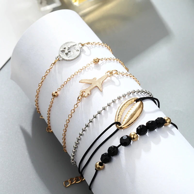 

2019 Fashion Graduation Gift Handmade String Bracelet Gold Aircraft Shell Bead Charm Chain Bracelets for Women Wholesale Jewelry