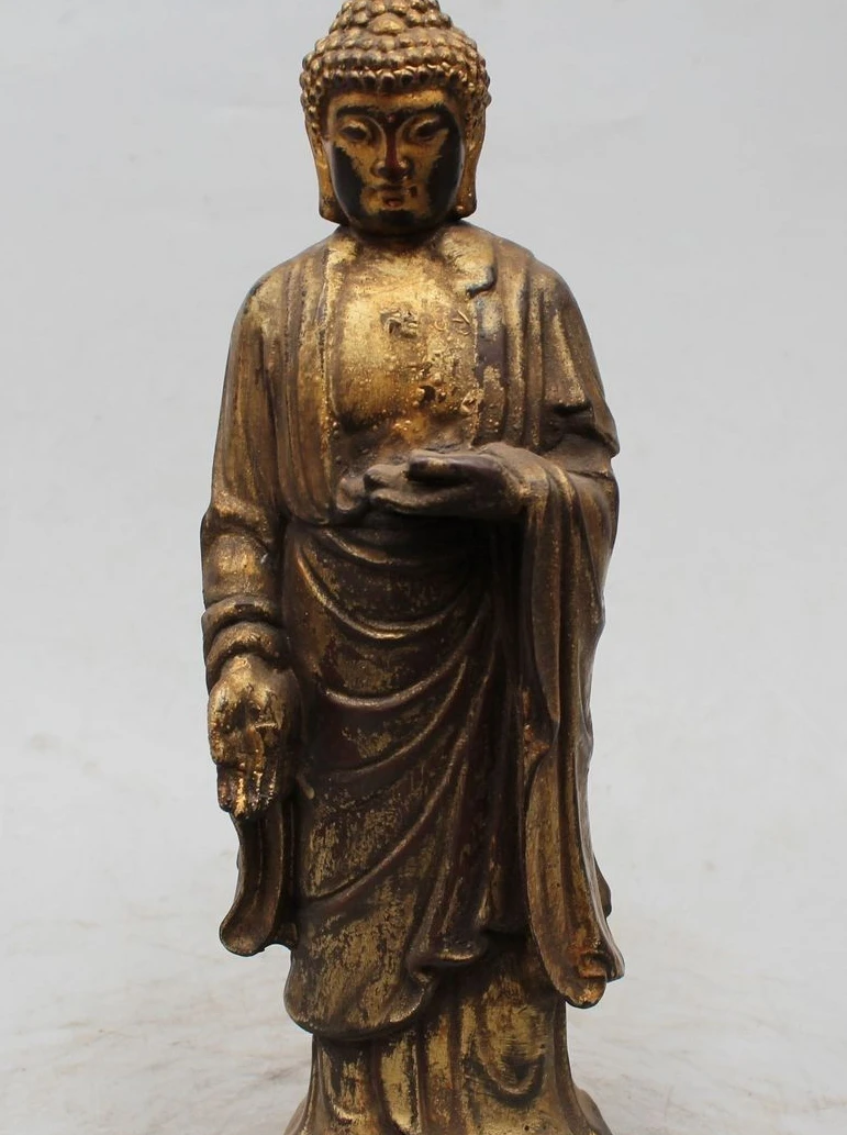 

11"Old Chinese Buddhism Wood carve Stand Shakyamuni Sakyamuni Buddha Statue