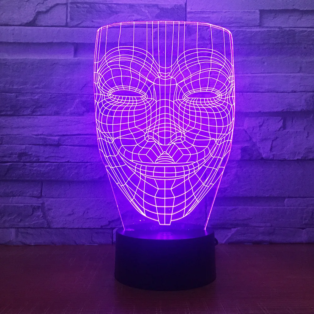 

V For Vendetta Mask 3D illusion Night Light Disobey Anonymous Guy Fawkes Party Decorative Lighting Glowing LED Lamp Drop Ship
