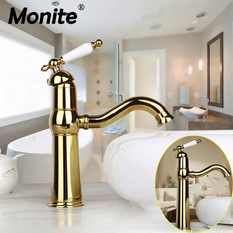 New Gold Plated Tall Bathroom Basin Sink White Ceramic Single Handle