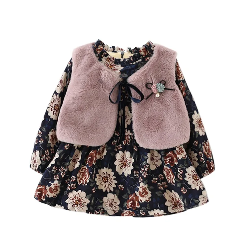 От 0 до 4 лет/бархатное платье с длинными рукавами и цветочным рисунком для девочек, модный жилет из искусственного меха+ платье принцессы, детская одежда, модная верхняя одежда