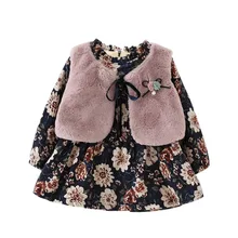 От 0 до 4 лет/бархатное платье с длинными рукавами и цветочным рисунком для девочек, модный жилет из искусственного меха+ платье принцессы, детская одежда, модная верхняя одежда